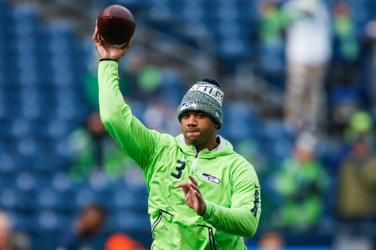 Seattle Seahawks QB Russell Wilson warming up before a game.