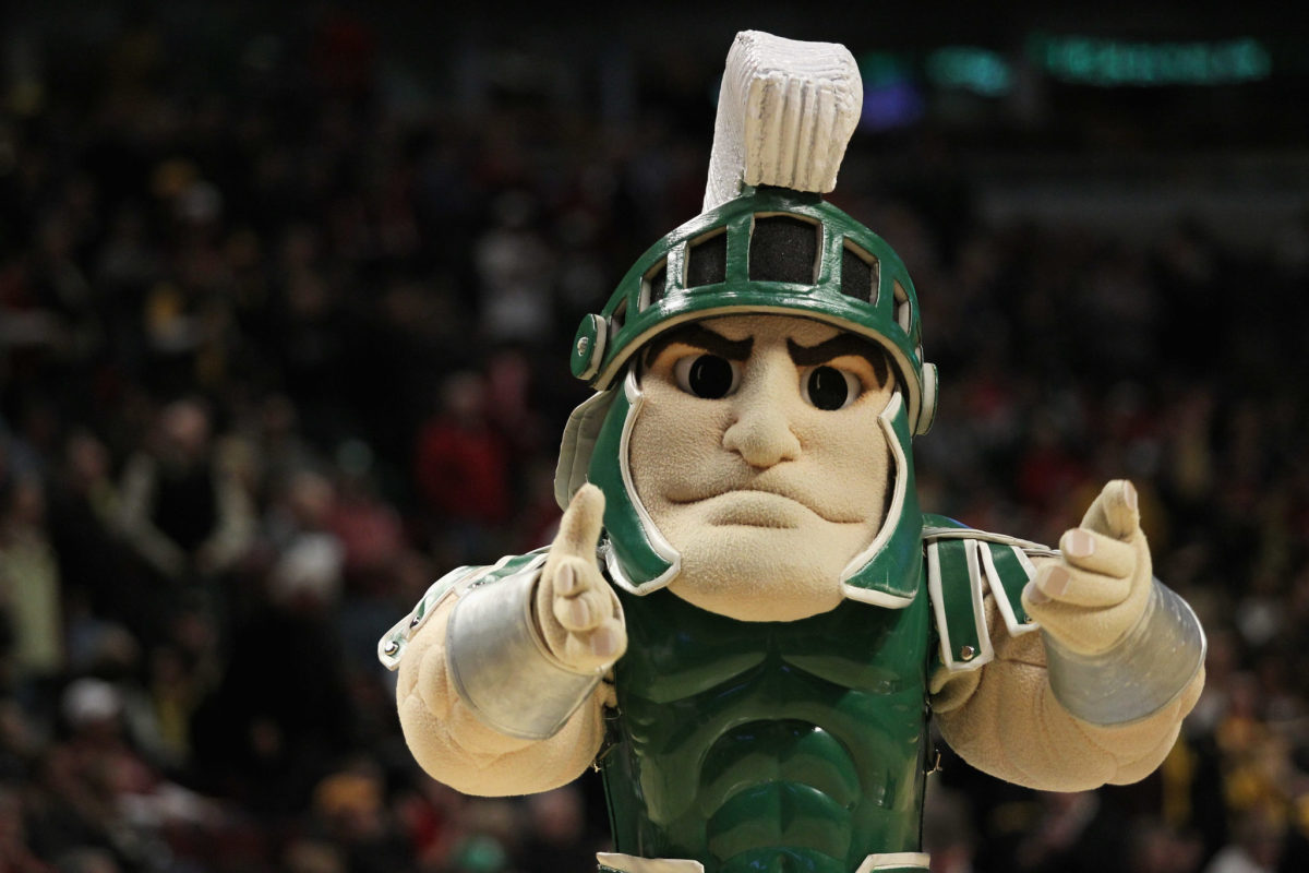 A closeup of Michigan State's mascot during Spartans basketball game.