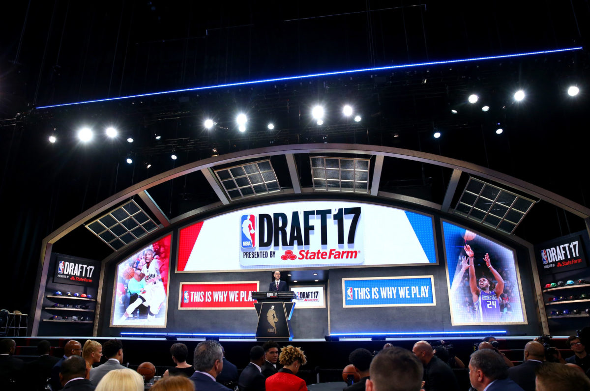 A general view of Adam Silver standing at the podium at the 2017 NBA Draft.