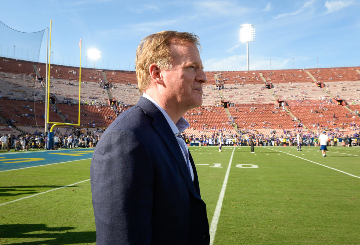 Roger Goodell on the field before an NFL game.