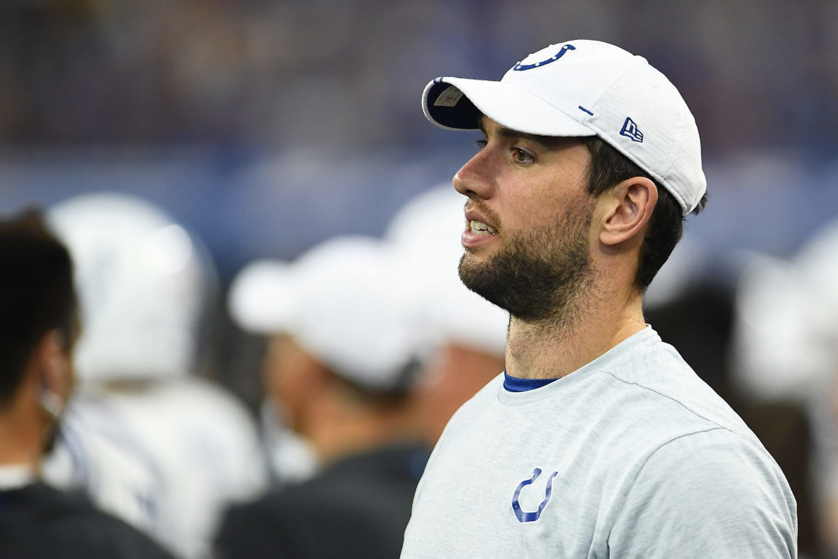 Andrew Luck stands on the sideline of the Colts game.