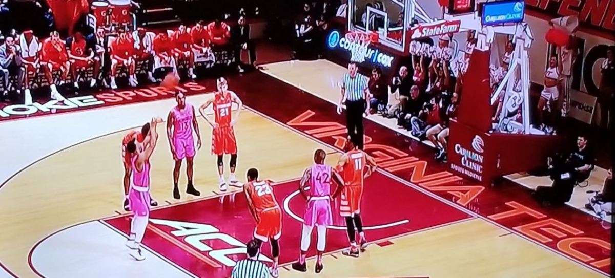 Virginia Tech wearing pink against Syracuse in basketball.