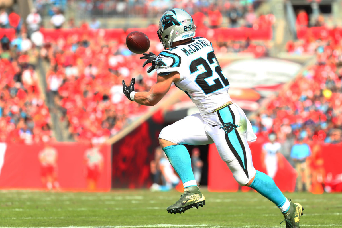 Christian McCaffrey catches a pass for the Carolina Panthers.