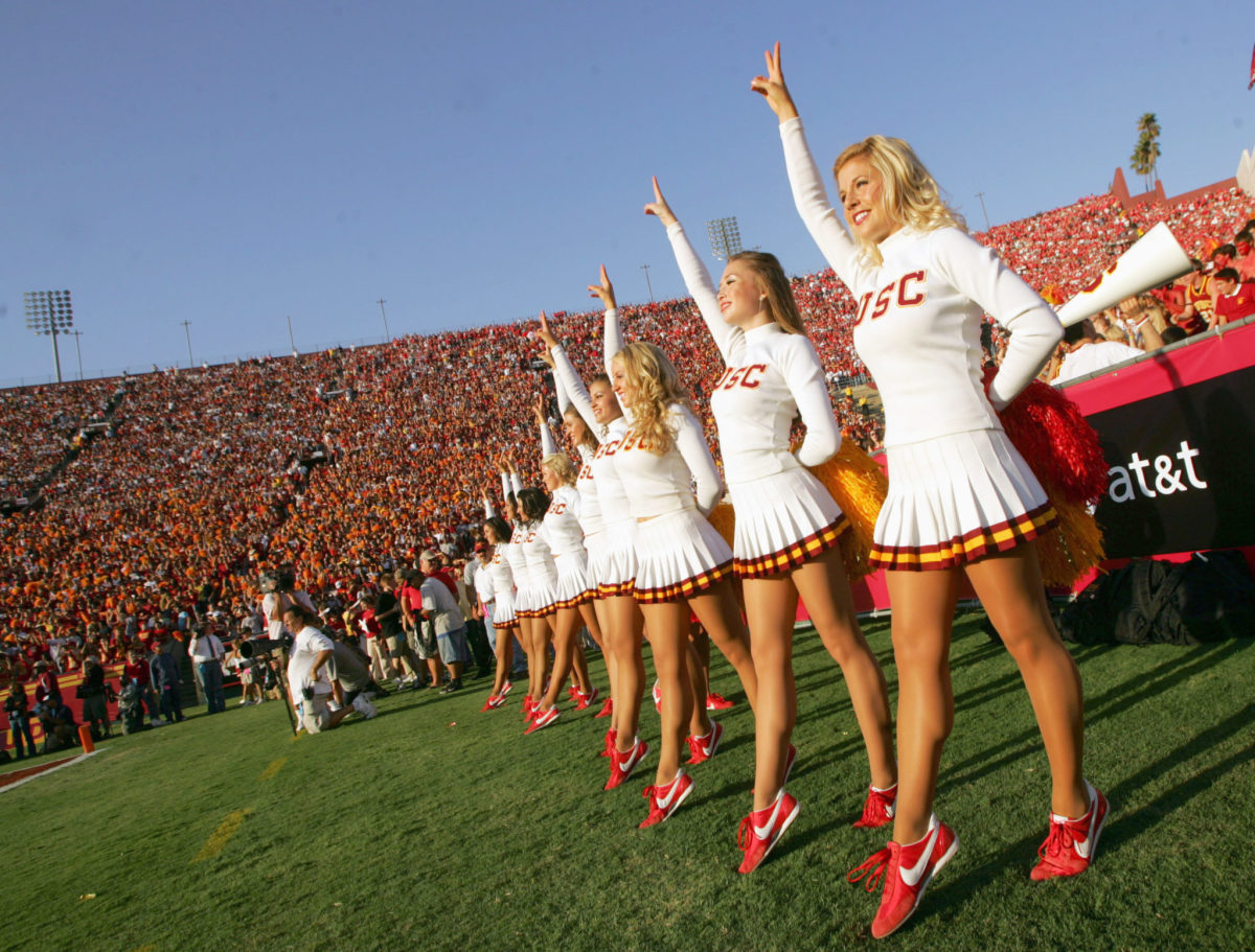 USC cheerleaders during a football game.