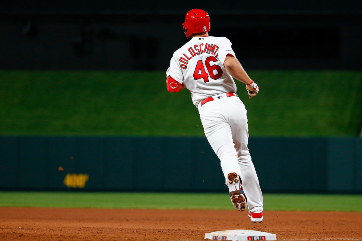 Paul Goldschmidt rounding first base.