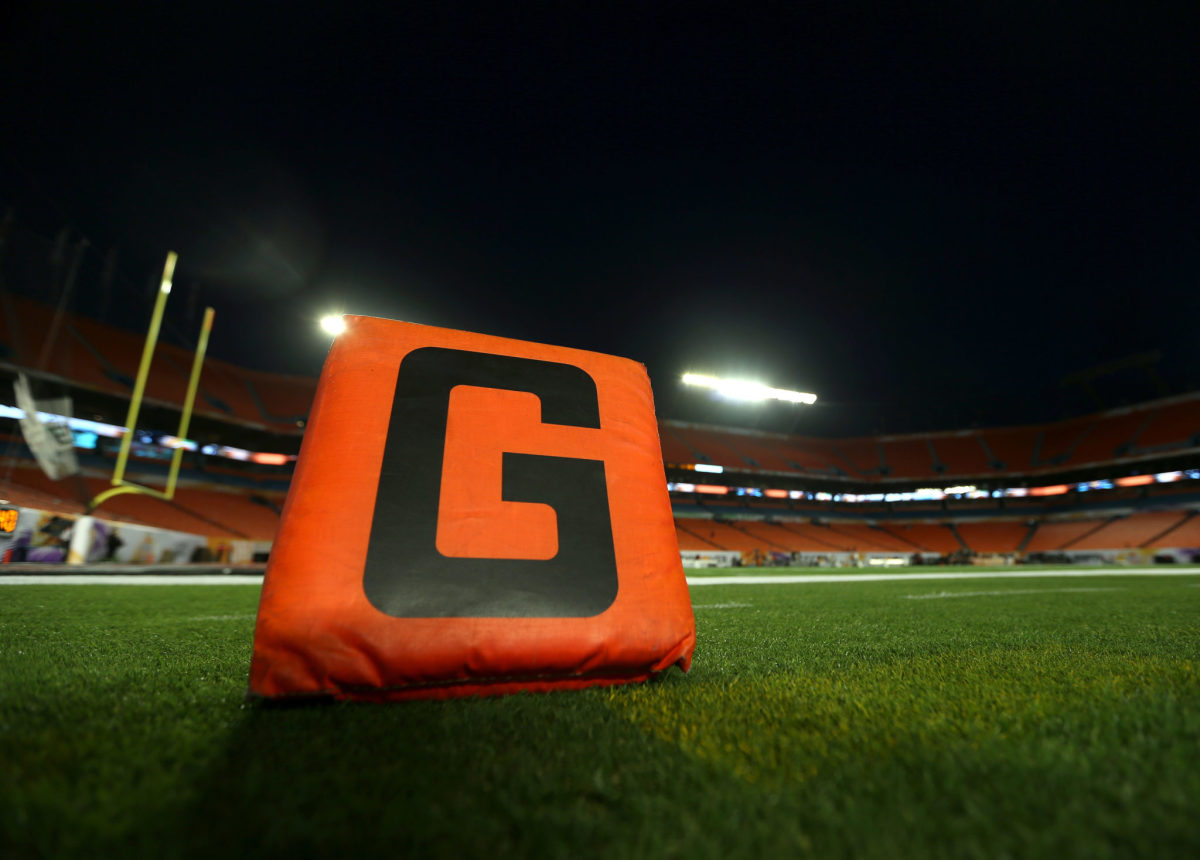 A generic view of a goal line marker.