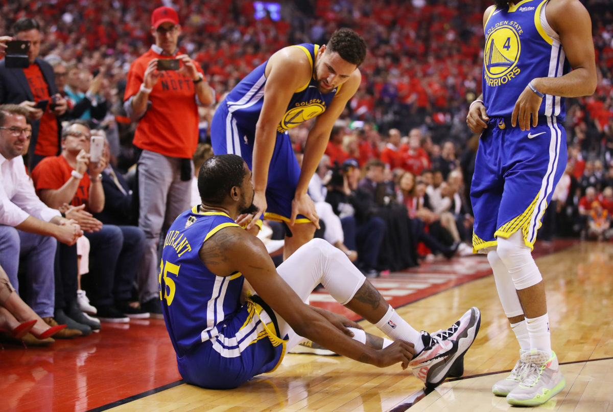 Kevin Durant and Klay Thompson after Durant tore his Achilles.