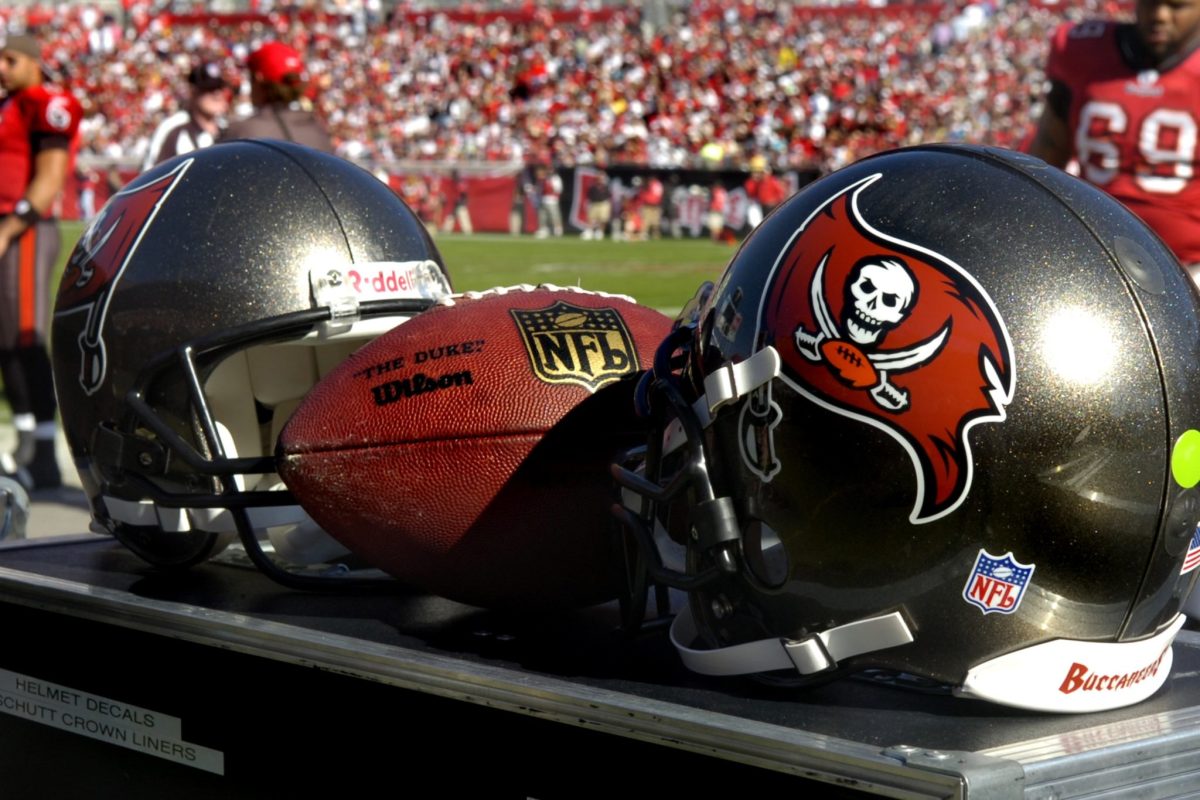 A closeup of two Tampa Bay Buccaneers helmets.