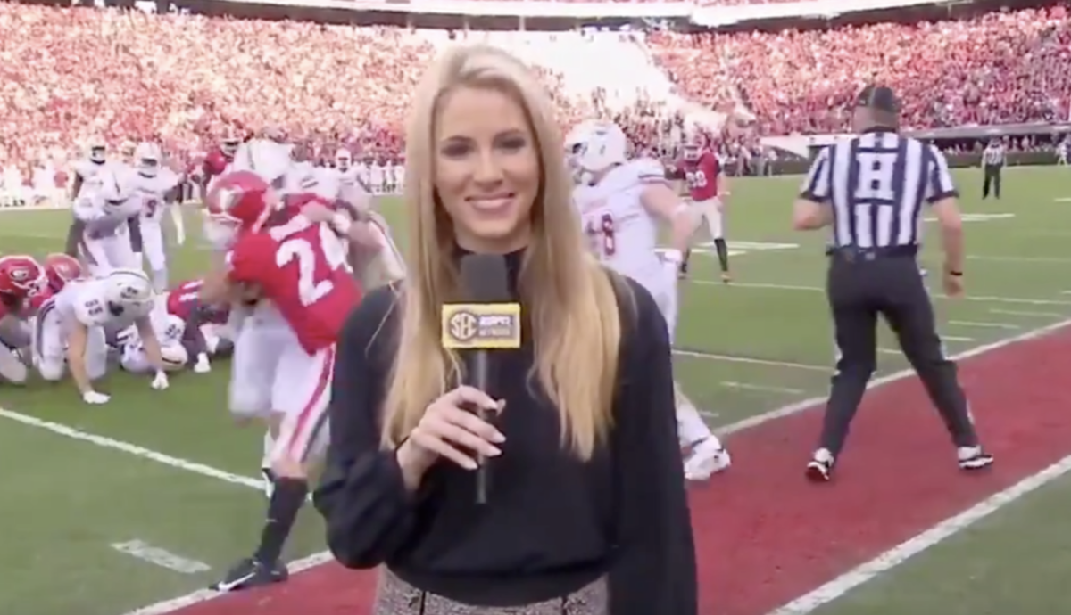 espn's laura rutledge on sideline during an SEC game