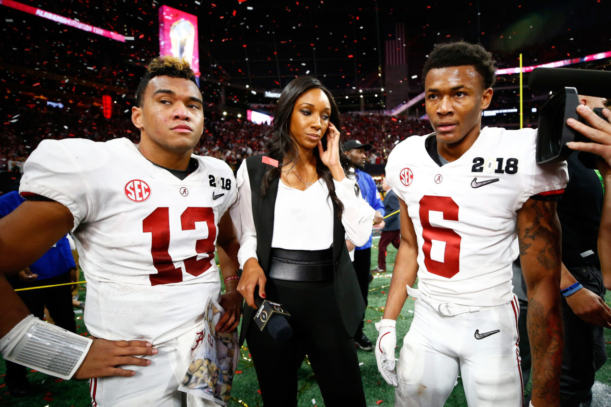 Tua Tagovailoa and DeVonta Smith being interviewed after the Crimson Tide's national title game win.