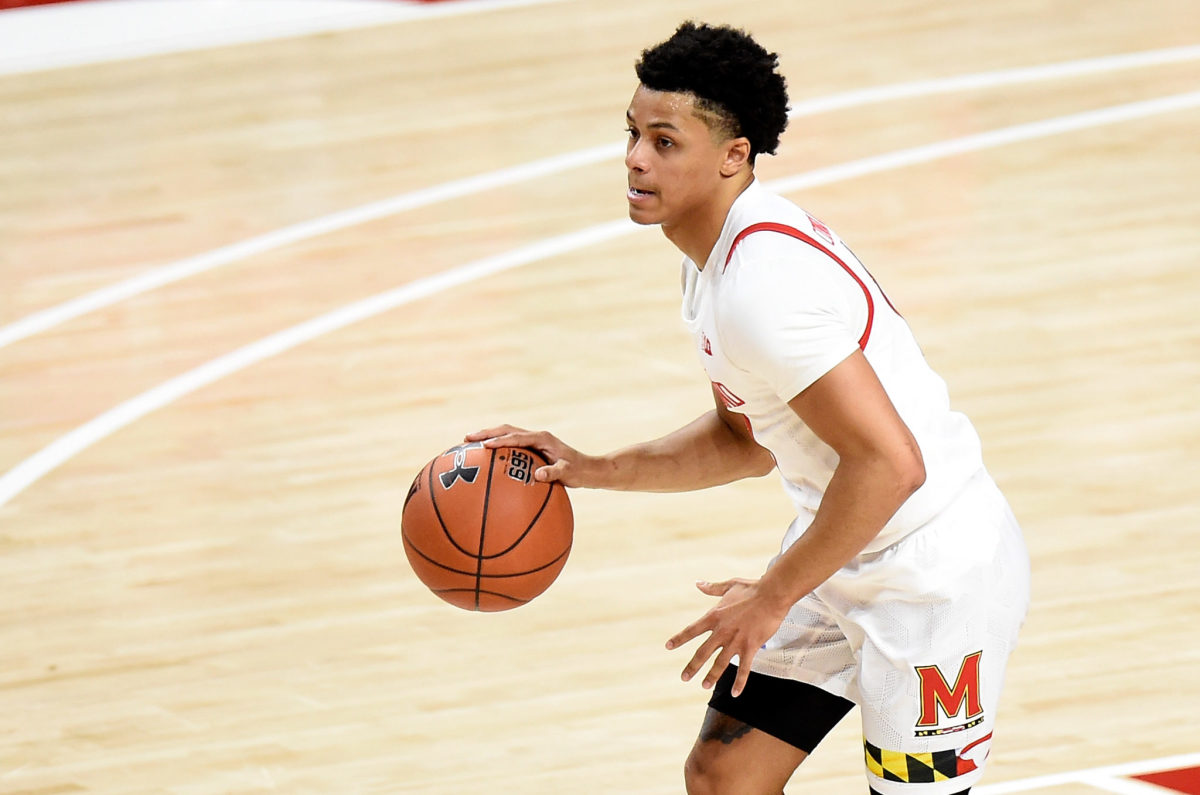 Anthony Cowan dribbles the ball down the floor at Maryland.