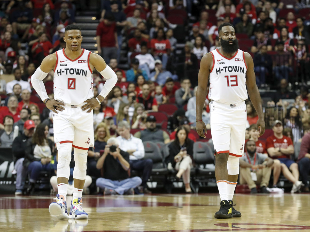 Houston Rockets superstars Russell Westbrook and James Harden on the floor.