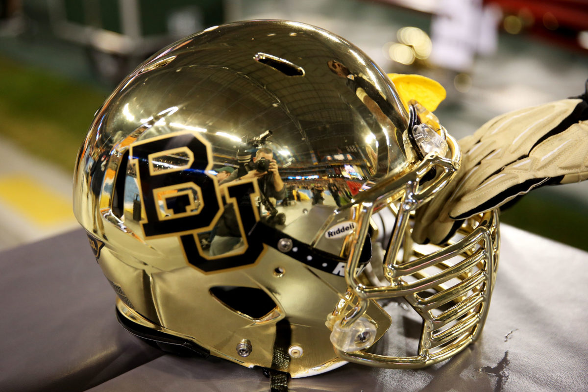 A closeup of a Baylor football helmet.