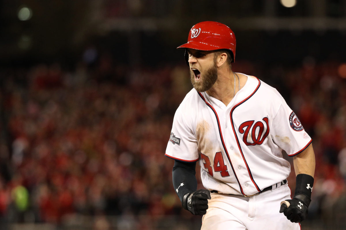 bryce harper celebrates during a game against the dodgers