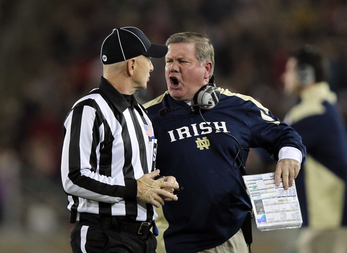 Notre Dame coach Brian Kelly yelling at a referee.