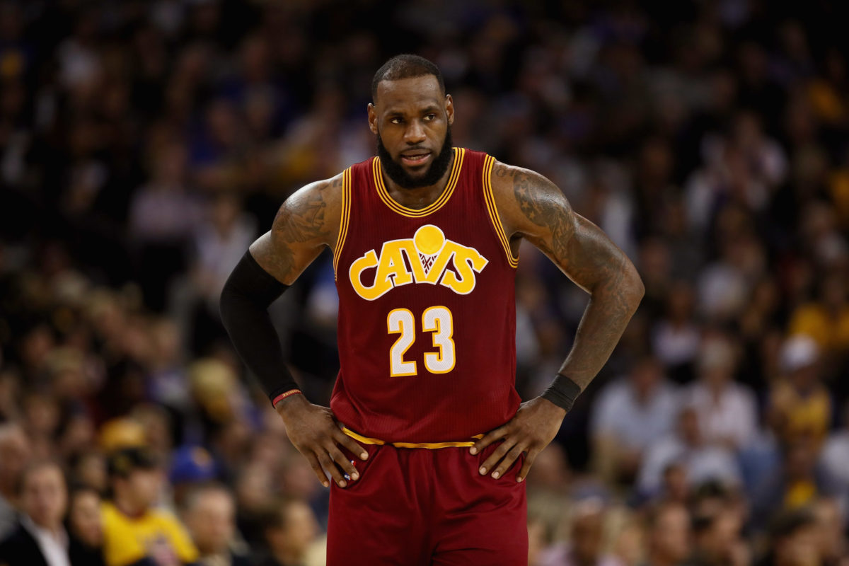 LeBron James of the Cleveland Cavaliers stands on the court during their game against the Golden State Warriors.