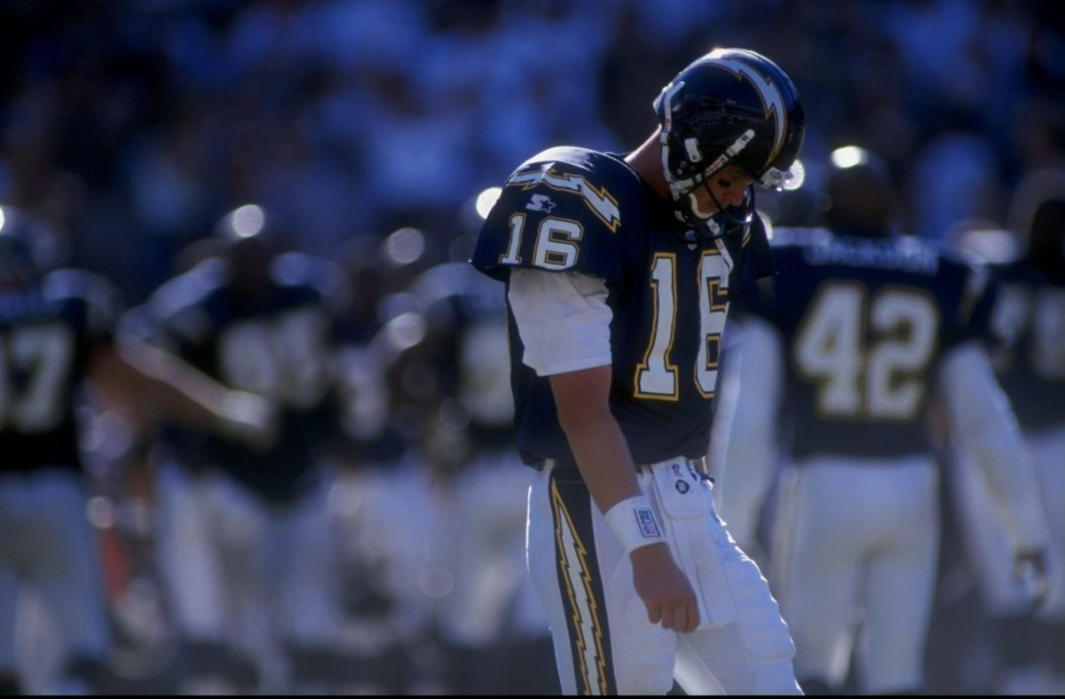 Quarterback Ryan Leaf #16 of the San Diego Chargers looks dejected during a game against the Philadelphia Eagles.