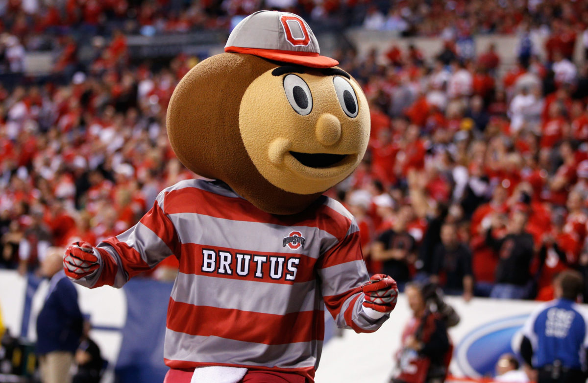 A closeup of Brutus Buckeye on the field during an Ohio State football game.