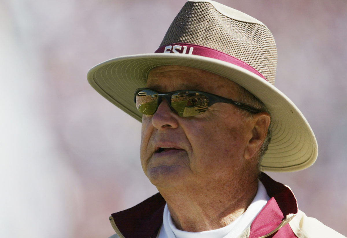A closeup of Bobby Bowden wearing a Florida State hat.