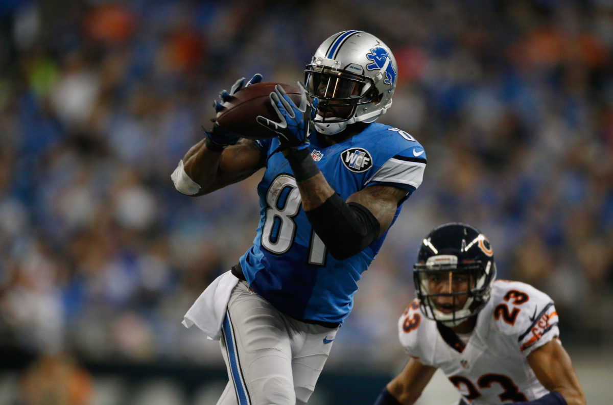 Calvin Johnson catching a pass for the Detroit Lions.