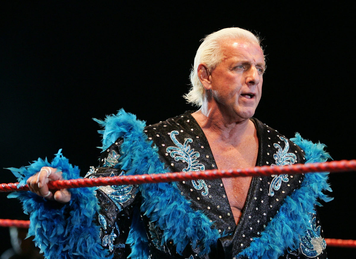 A closeup of Ric Flair entering the ring.