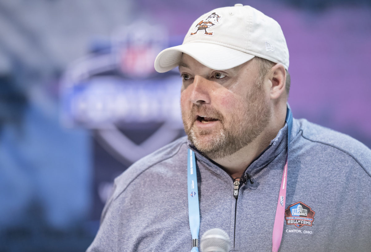 Browns coach Freddie Kitchens speaks with reporters at the NFL Combine.