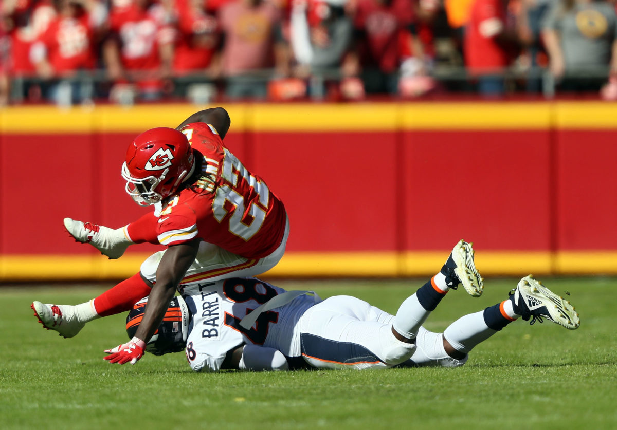 Kareem Hunt attempts to score for the Kansas City Chiefs.