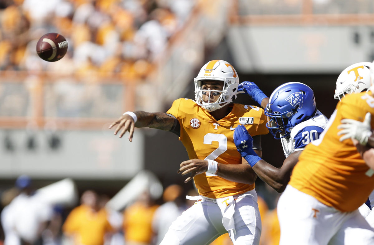 Jarrett Guarantano attempts a pass for Tennessee against Georgia State.