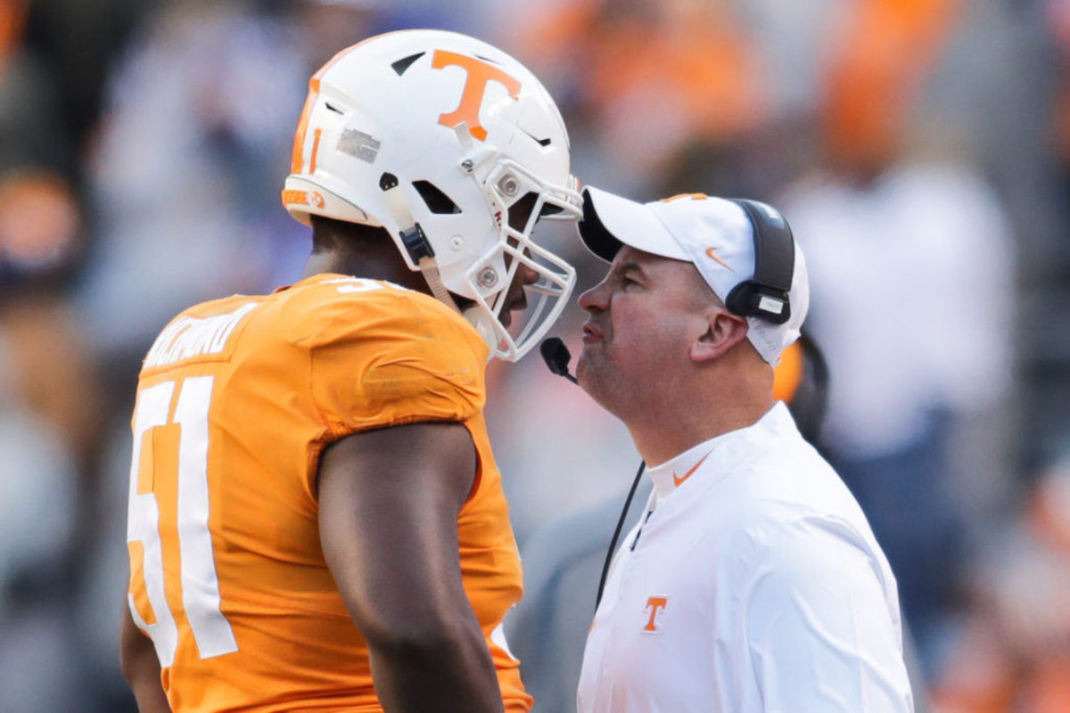 Tennessee Coach Jeremy Pruitt screaming at one of his players.
