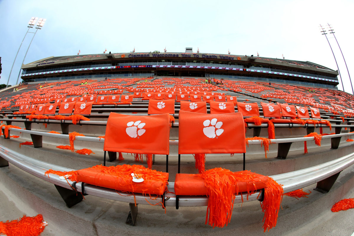 A view of the empty stands in Clemson's football stadium.
