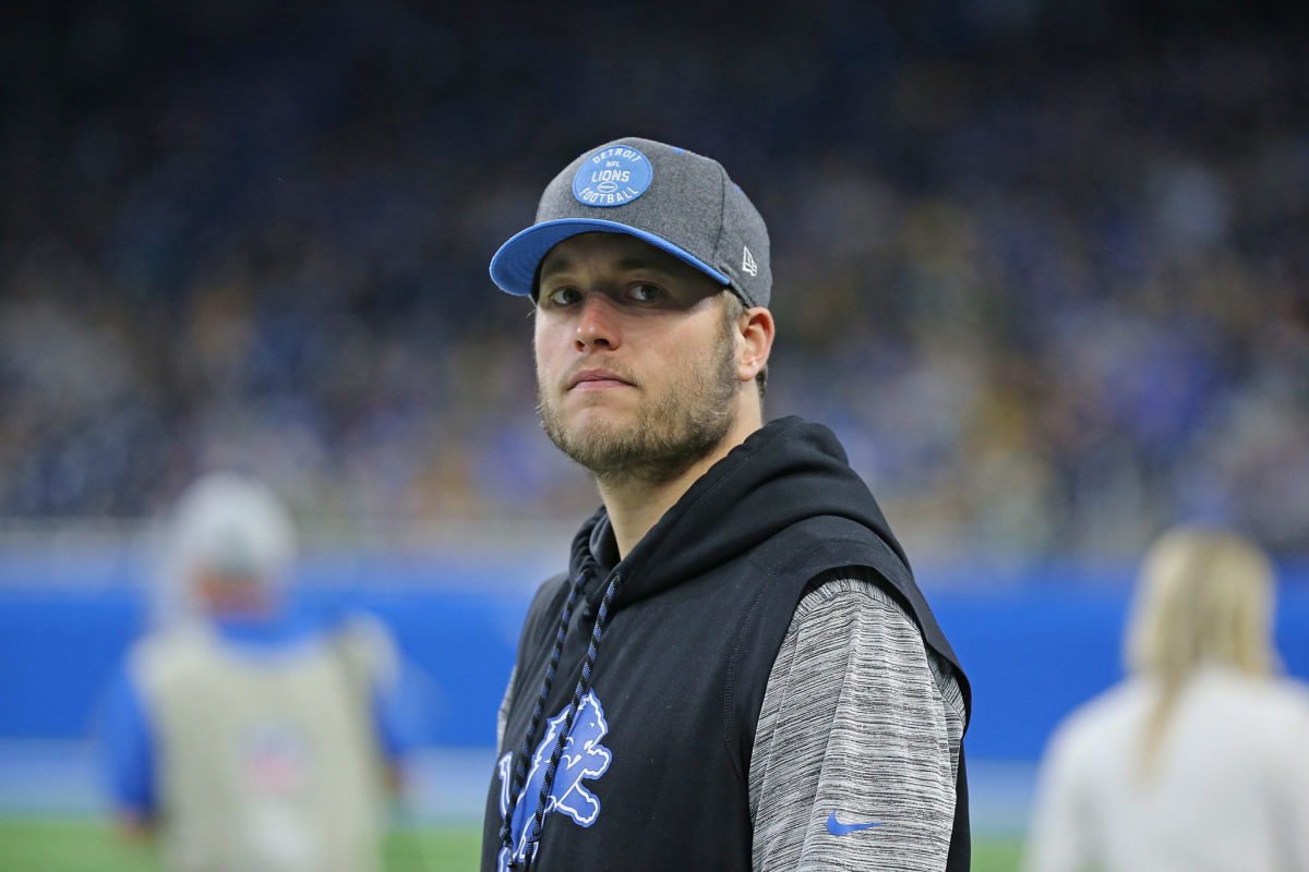 Matthew Stafford looks onto the field during a game.