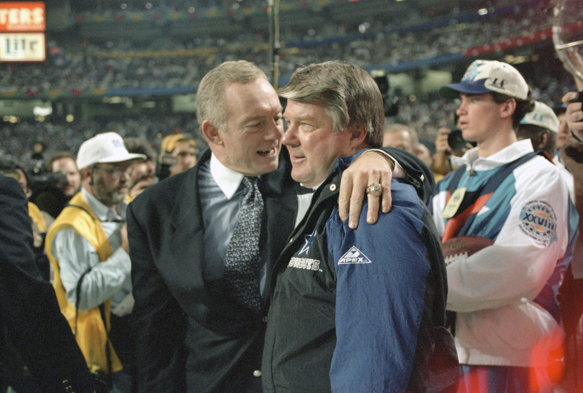 Jerry Jones and Jimmy Johnson on the sideline at the Super Bowl.
