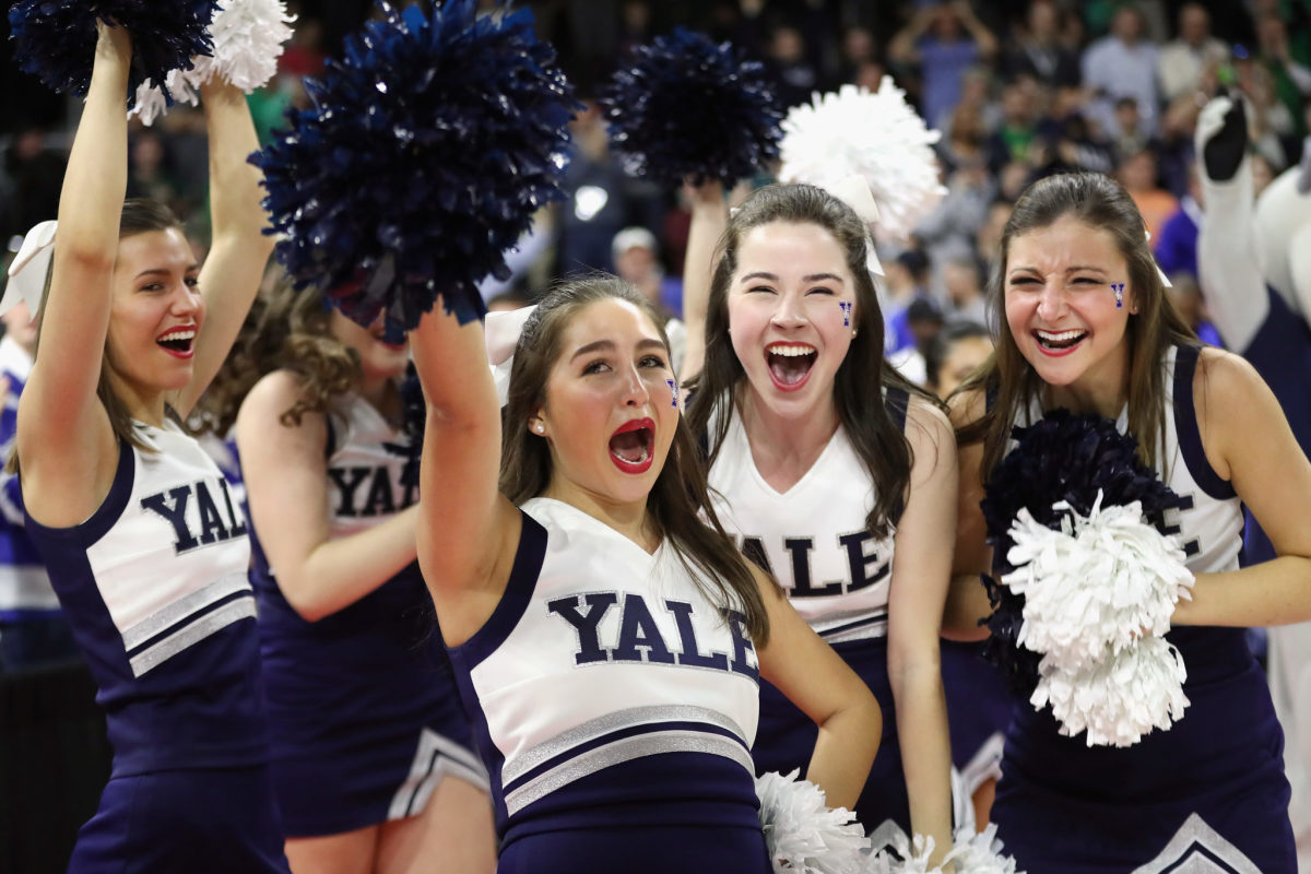 yale cheerleaders celebrate during an ncaa tournament game