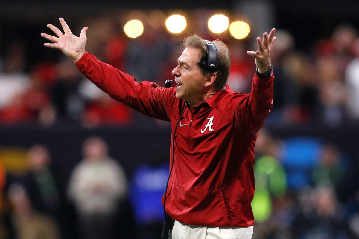 Head coach Nick Saban of the Alabama Crimson Tide reacts to a play during the second half against the Georgia Bulldogs.