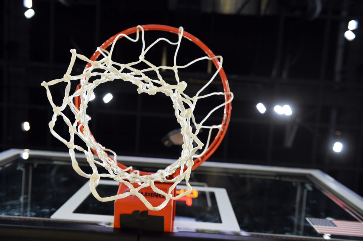 The underside of a basketball hoop.