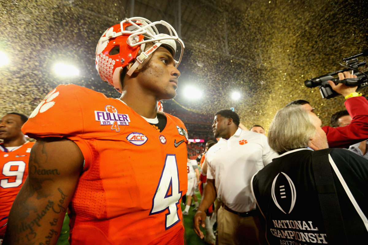 Deshaun Watson #4 of the Clemson Tigers reacts after being defeated by the Alabama Crimson Tide.