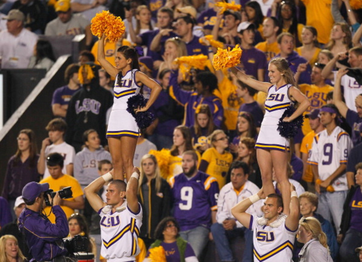 A picture of LSU's cheerleaders at a football game.