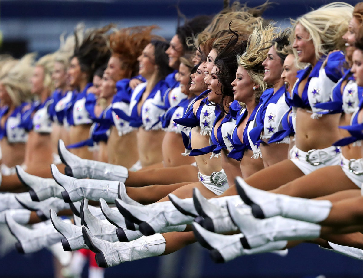 The Dallas Cowboys cheerleaders performing during a game.