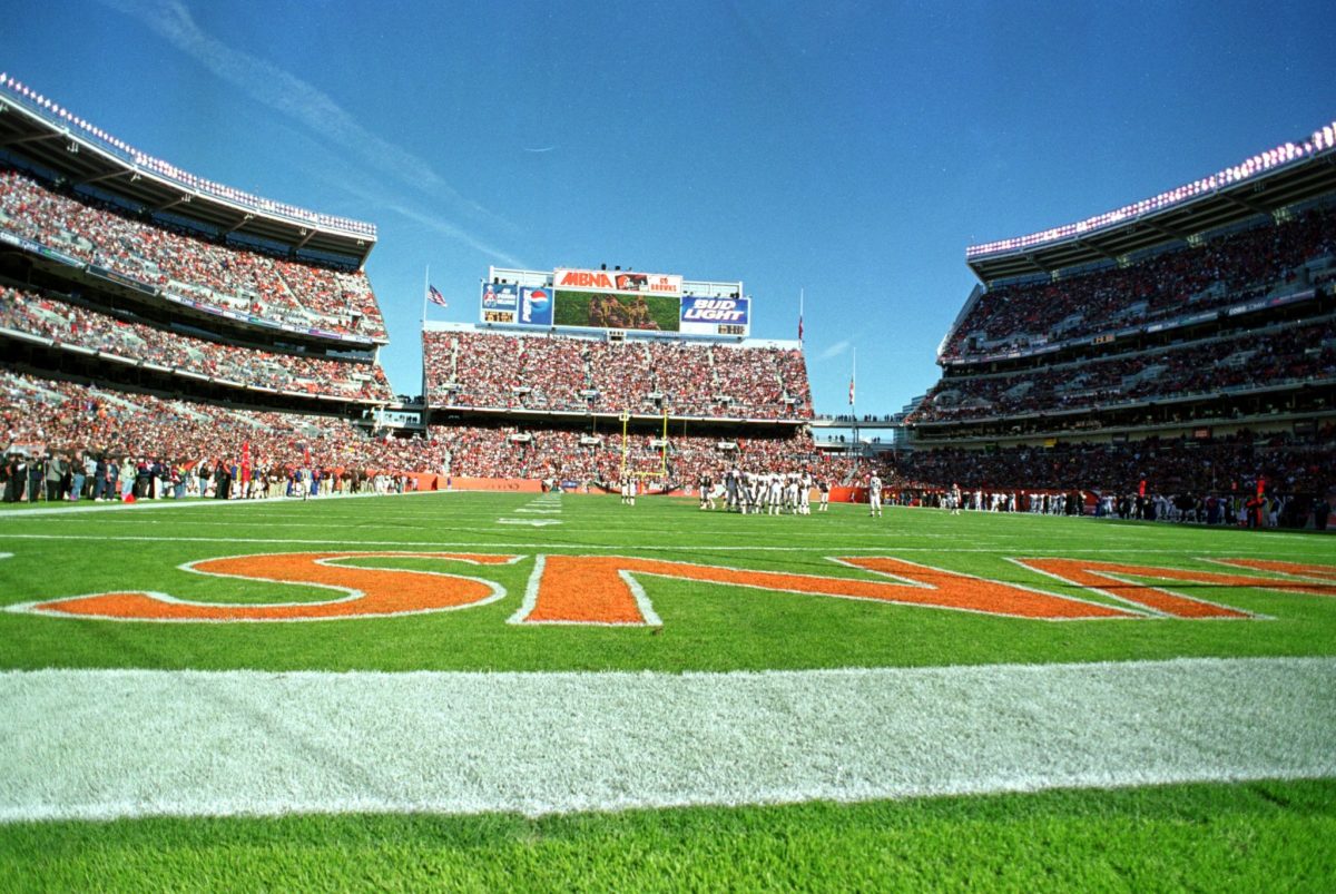 A field level view of the Cleveland Browns stadium.