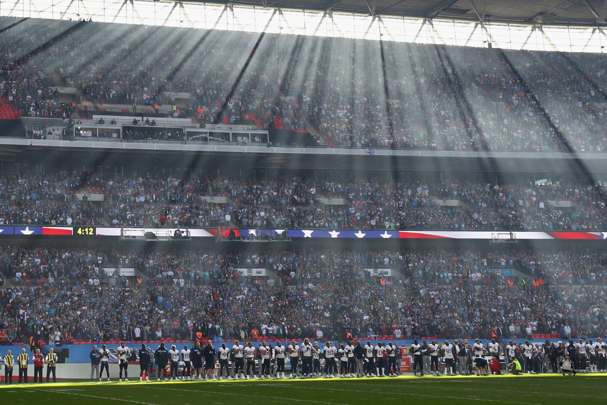 A field-level shot of an NFL game.