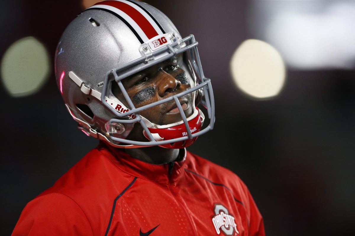 A closeup of Cardale Jones in his Ohio State football helmet.