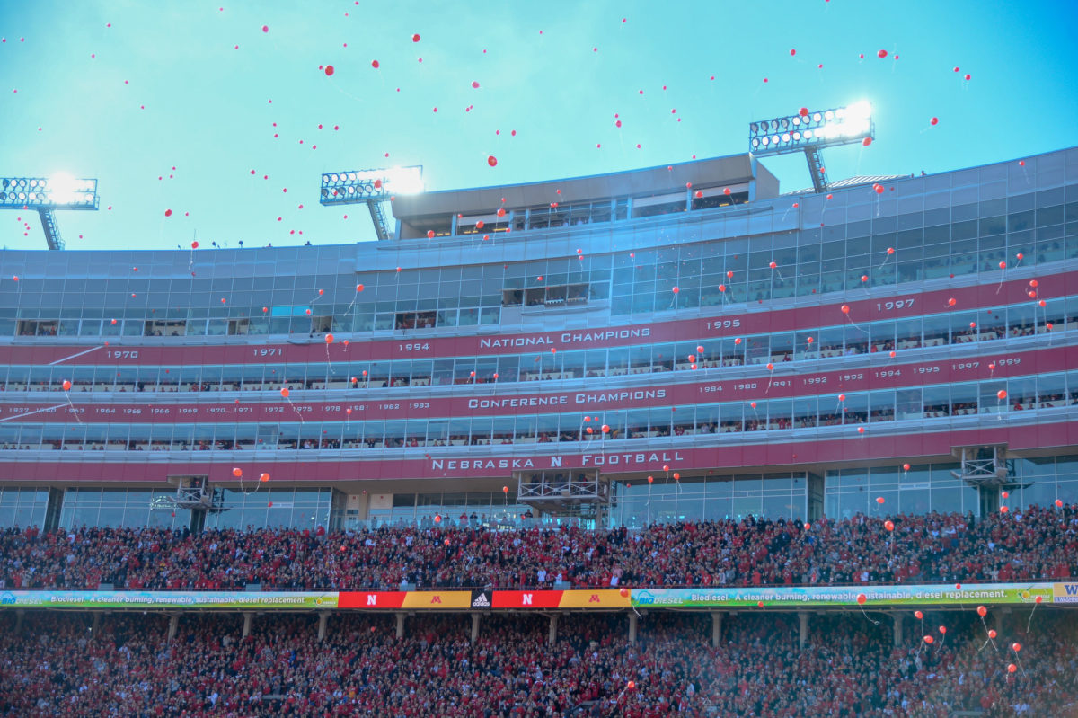 Red balloons in the air for Nebraska against Minnesota.