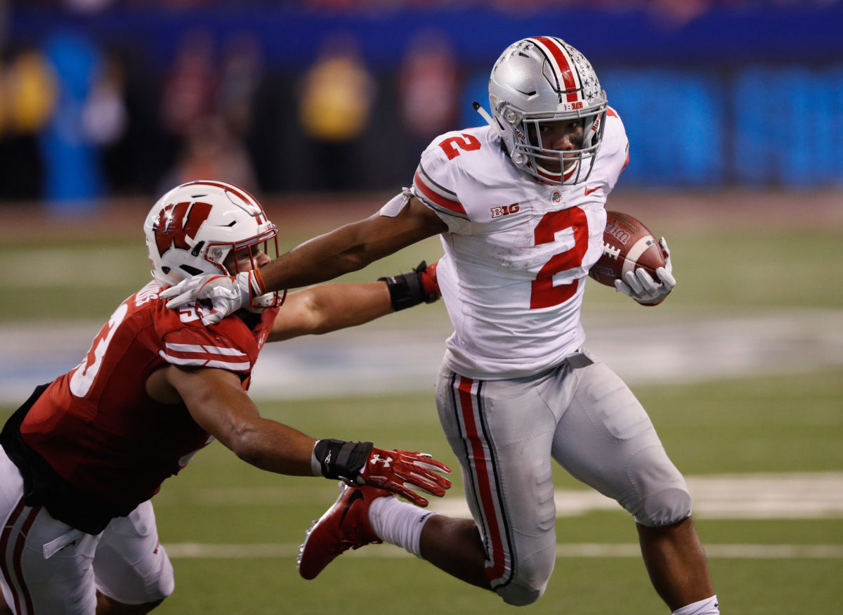 J.K. Dobbins, now a Baltimore Ravens back, running the ball for Ohio State.