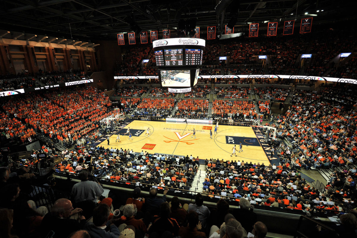 a wide shot of the virginia cavaliers' basketball arena