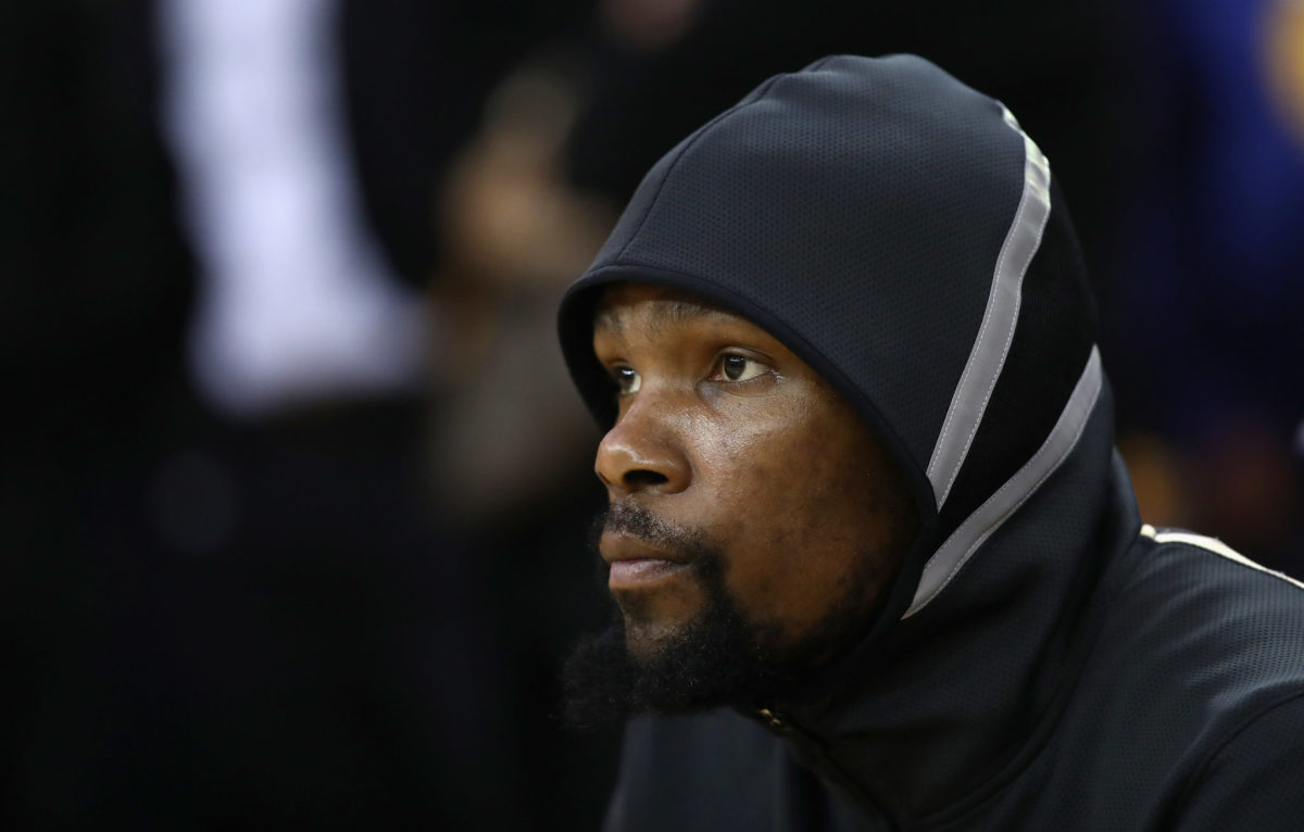 A closeup of Kevin Durant wearing a hoodie.