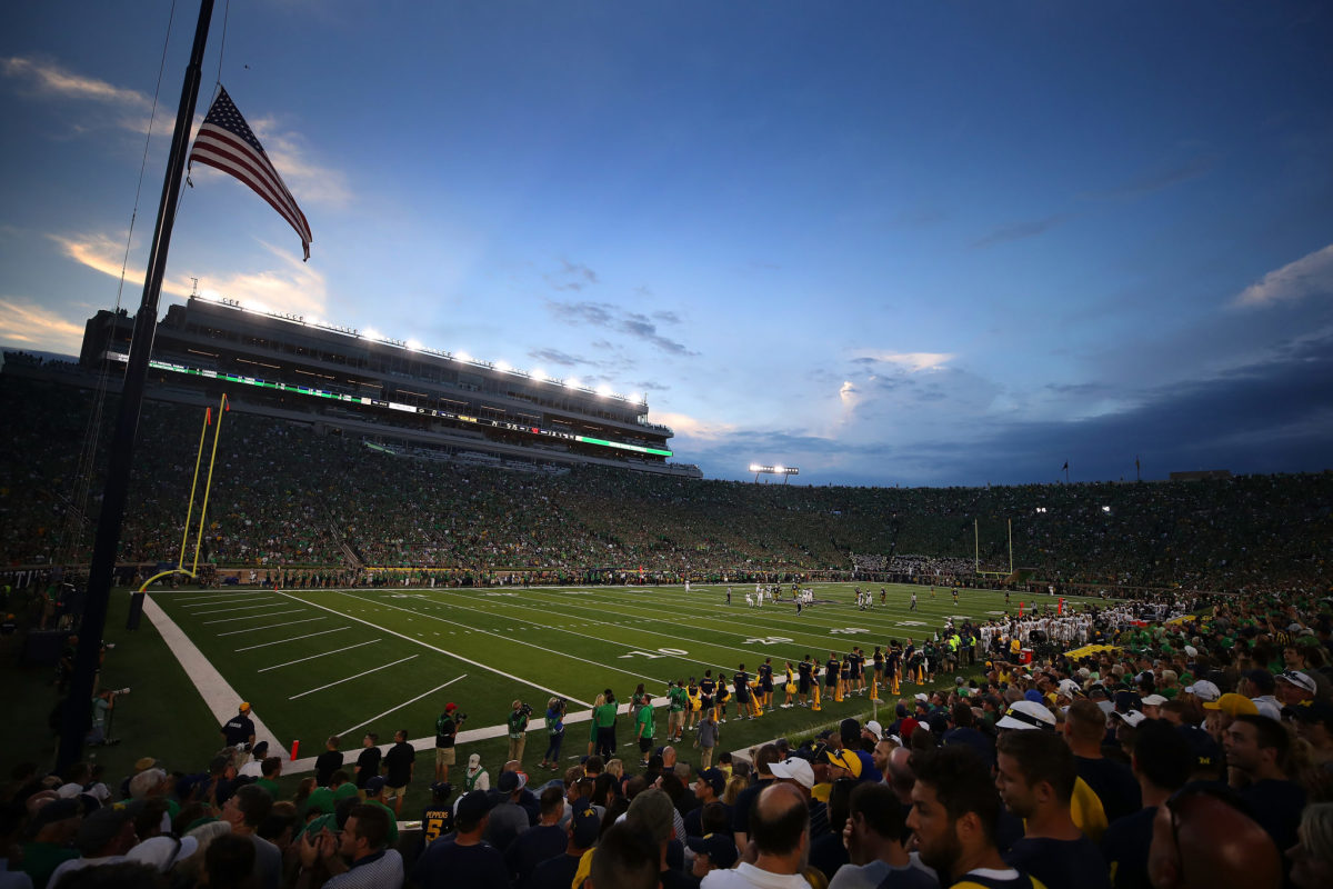 A stadium view of Notre Dame's football field during a game.