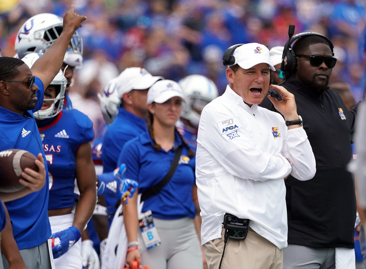 Les Miles on the Kansas football sideline during his debut as Jayhawks college football head coach.