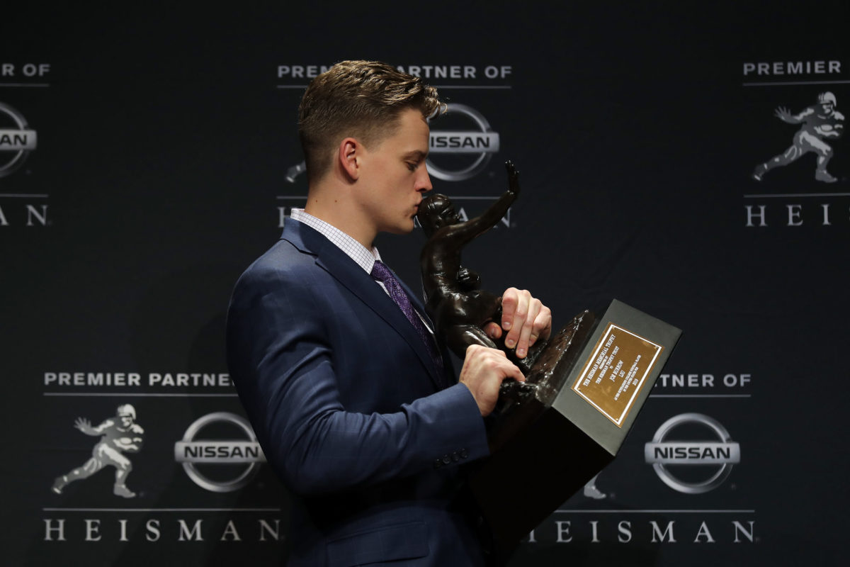 New York, NY - December 14, 2019: LSU Quarterback Joe Burrow addresses  media during pre-announcement press conference of 85th annual Heisman  Memorial Trophy at the Marriott Marquis Hotel Stock Photo - Alamy