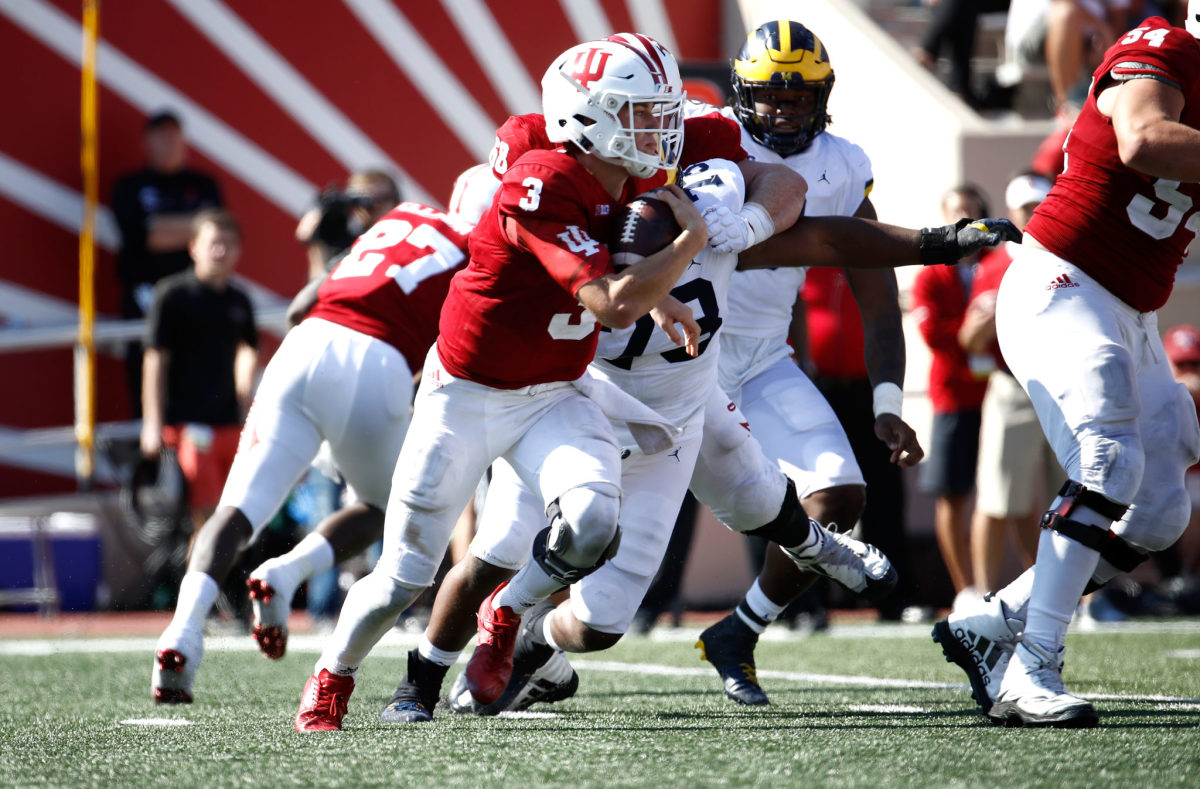 Peyton Ramsey #3 of the Indiana Hoosiers runs with the ball during the game against the Michigan Wolverines at Memorial Stadium.