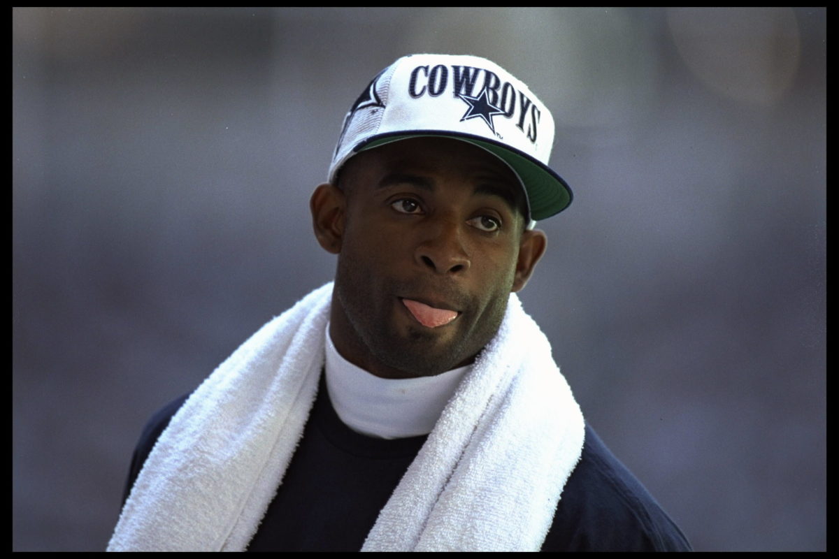 Deion Sanders on the sidelines before a Cowboy game in 1995.